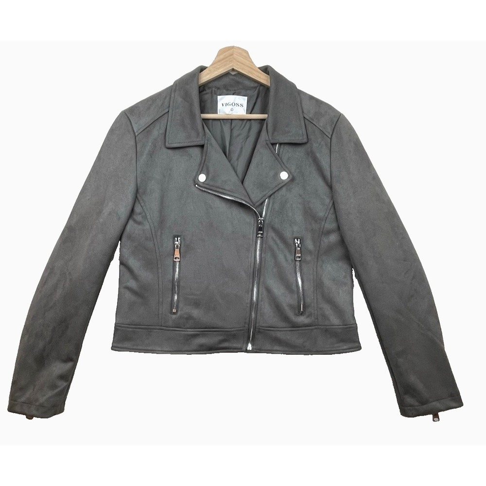 Vigoss Womens Faux Suede Gray Moto Biker Jacket L Short Zippered Cuffs & Pockets